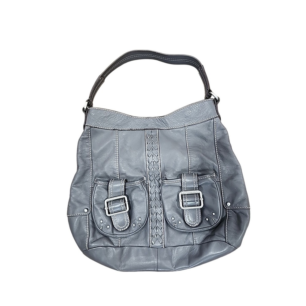Tignanello Satchel Handbag Purse Double Buckle Gray Leather white stitch Magnet